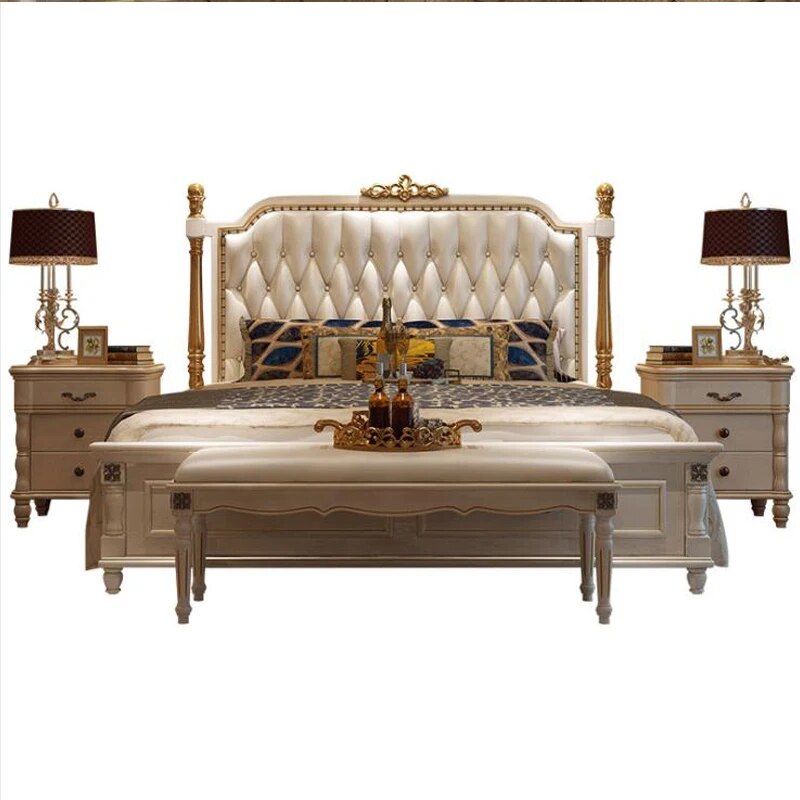 modern european solid wood bed bed 2 people Fashion Carved  leather  french bedroom furniture bng002