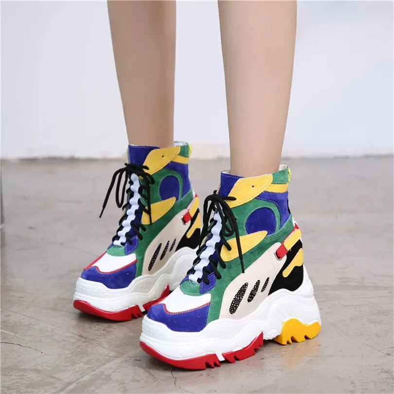 Punk Goth Creepers Women Lace Up Genuine Leather Wedges High Heel Ankle Boots Female High Top Chunky Platform Fashion Sneakers