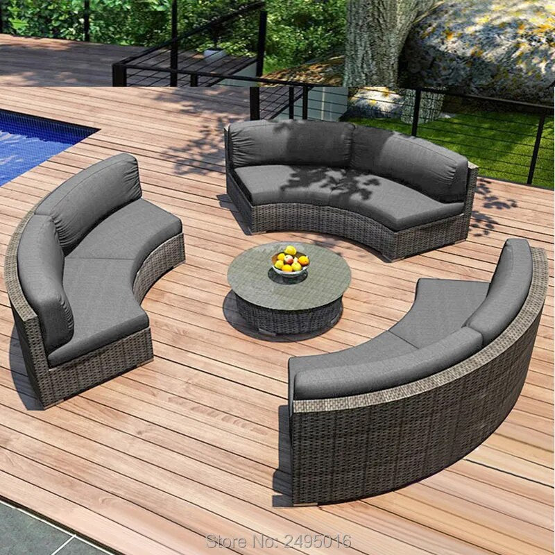 6pcs Rattan Half Moon Outdoor Sofa Garden Furniture Set Semi Circle Sofa Wicker woven swiming pool couch Sets custom color size