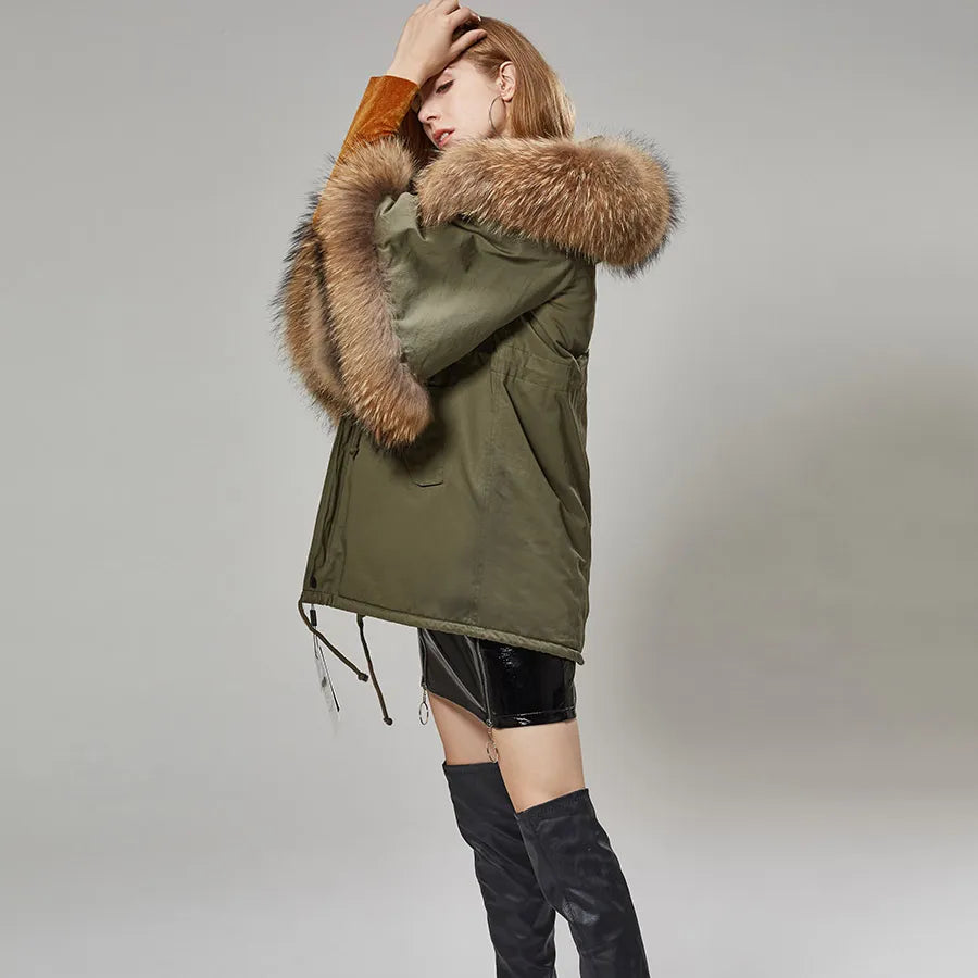 Autumn new natural real raccoon fur collar Parkas Casual coat Flared sleeve cloak cotton jacket women's clothing Woman fur coat