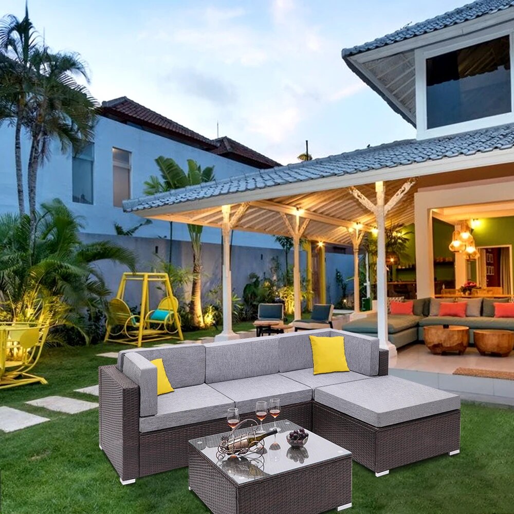 US Warehouse 5 Pieces Patio PE Wicker Rattan Corner Sofa Set  Patio Furniture  Set for Garden and Outdoors
