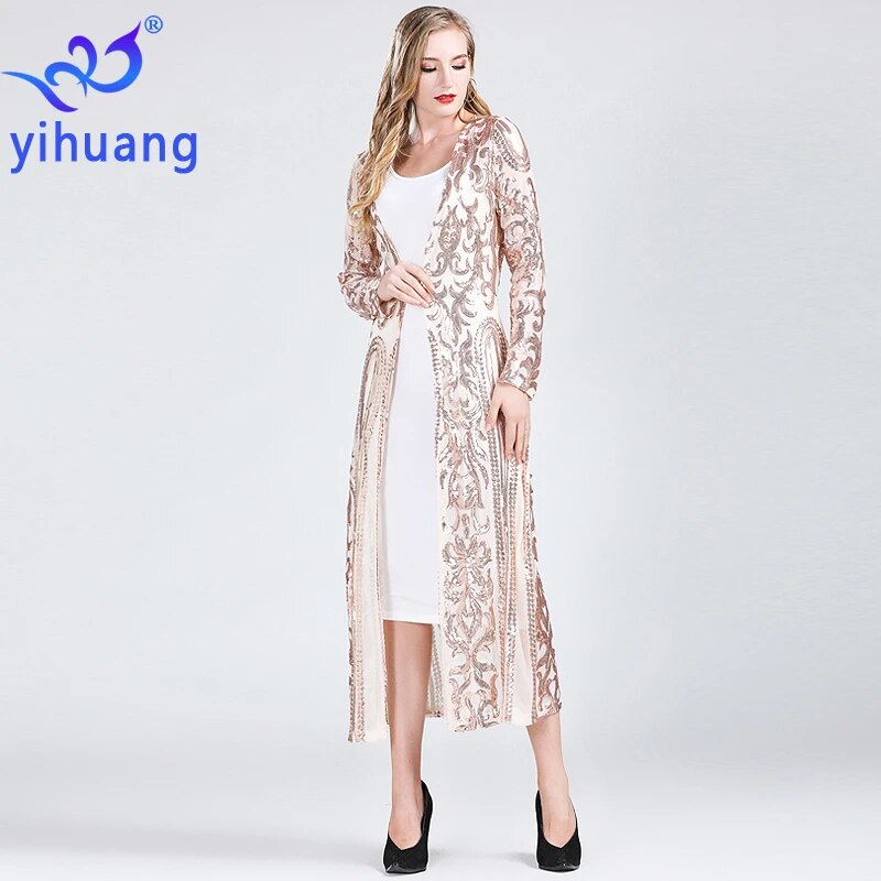 Fashion New Women's Clothing Long Sequin Open Front Long Sleeve Mesh Cardigan Blouse Cover Coat Evening Prom Party Tops Gift