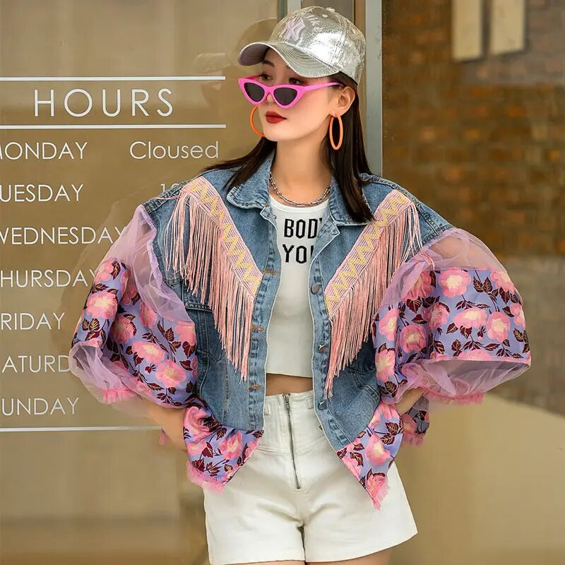Pink Embroidery Tassel Stitching Lantern Long Sleeved Denim Jacket Women's Clothing Loose Thin Streetwear Hip Hop Outerwear