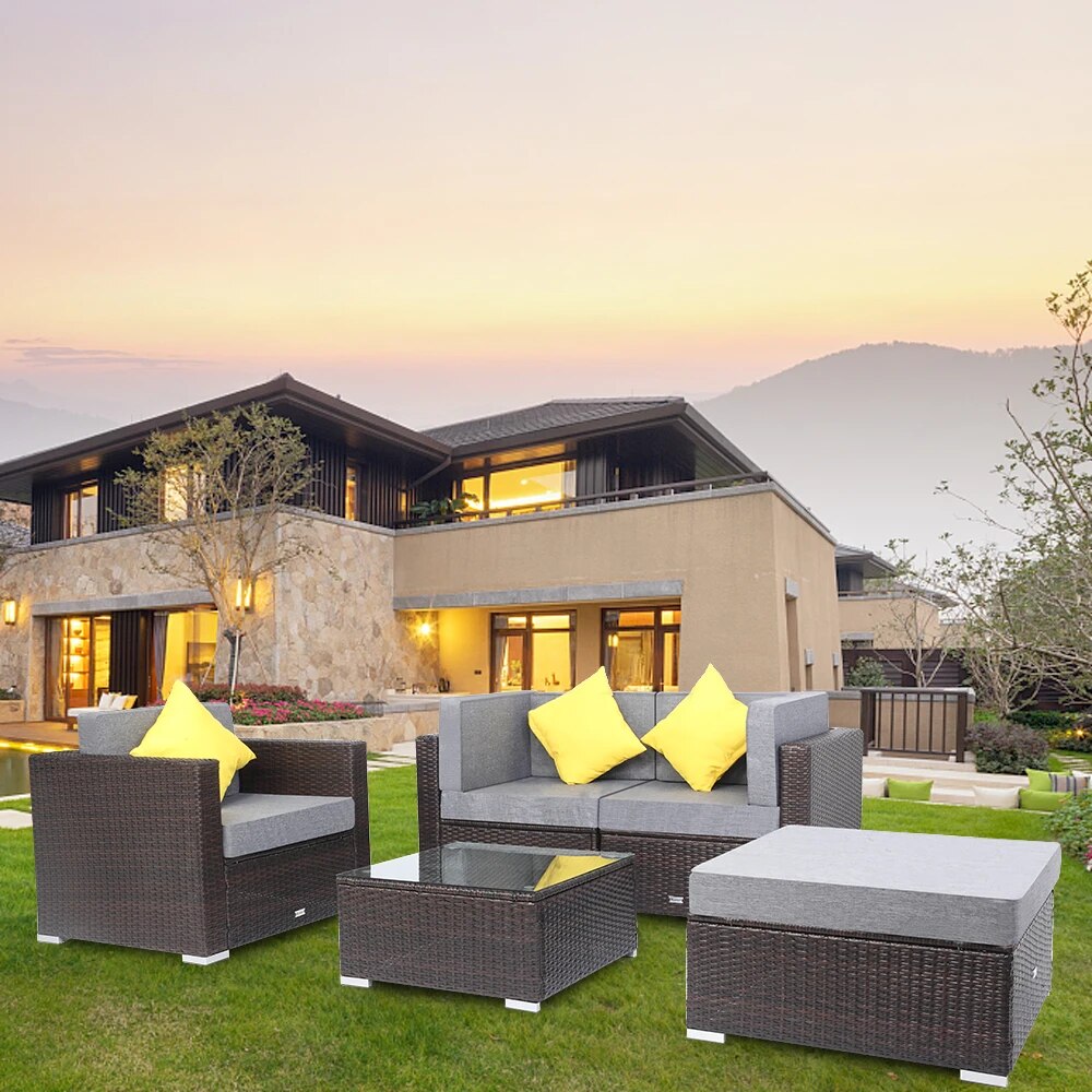 US Warehouse 5 Pieces Patio PE Wicker Rattan Corner Sofa Set Patio Furniture Set In Stock  for the outdoors and Patio