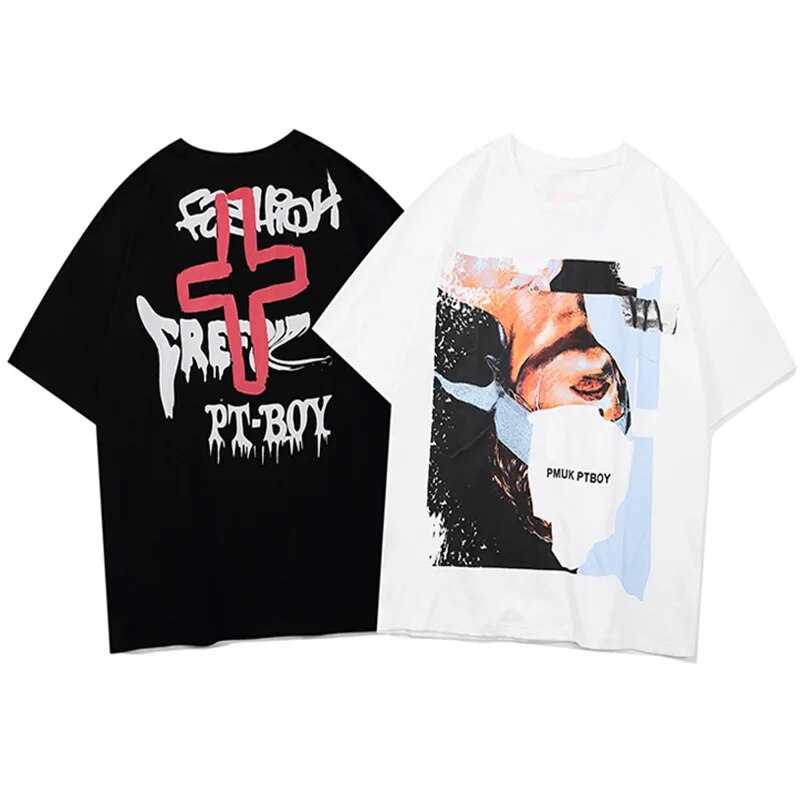 Aolamegs T-shirt Men Retro Esthetics Boy Painting Print Men's Tee Shirts Casual O-neck High Street Tee Fashion Summer Streetwear