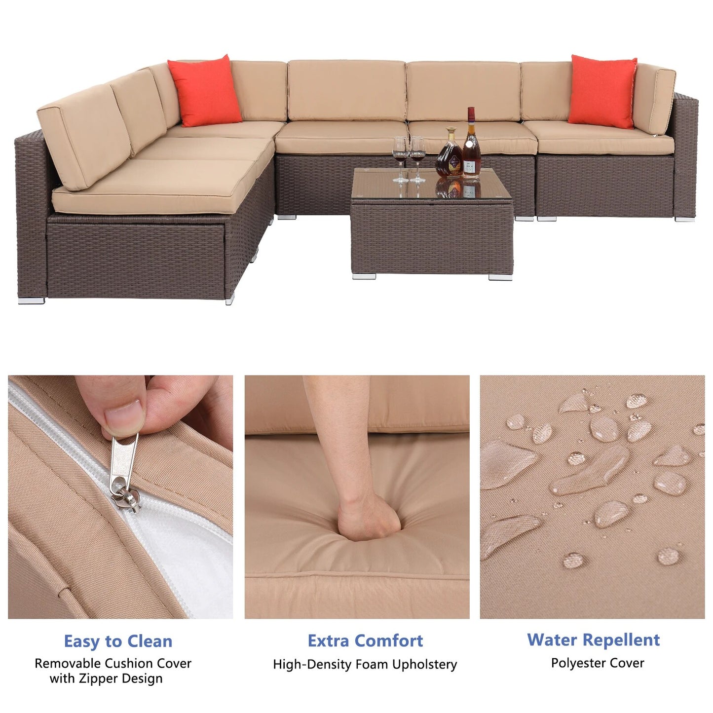 7Pcs Outdoor Patio Furniture Set 2 Corners 4 No Armrests Sofa 1 Square Coffee Table Dark Brown Pattern Rattan Khaki Cushion