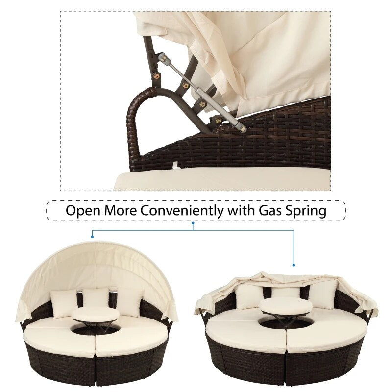 Patio Furniture Round Outdoor Sectional Sofa Set Rattan Daybed Sunbed with Retractable Canopy and Removable Cushion (Beige)