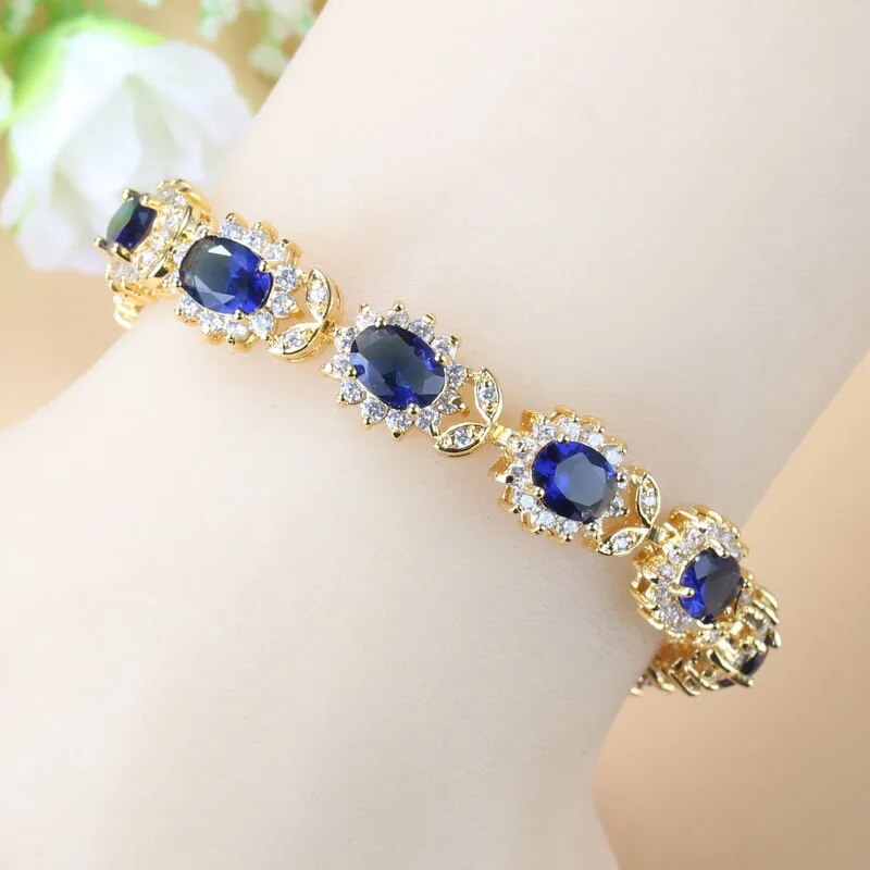 African Jewelry Sets Dubai Yellow Gold Color Wedding Accessories Blue Cubic Zirconia 6-Colors Bracelet And Ring Sets