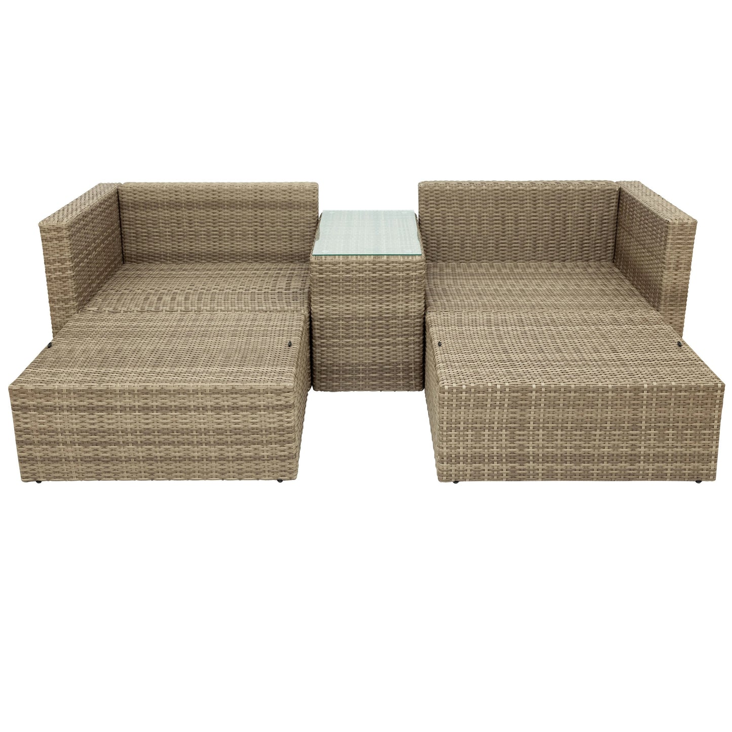 Outdoor Patio Furniture 5-Pcs Set Wicker Rattan Sectional Sofa Set 2 Corner Chair+1 Tea Table+2 Ottoman Brown&Gray[US-W]