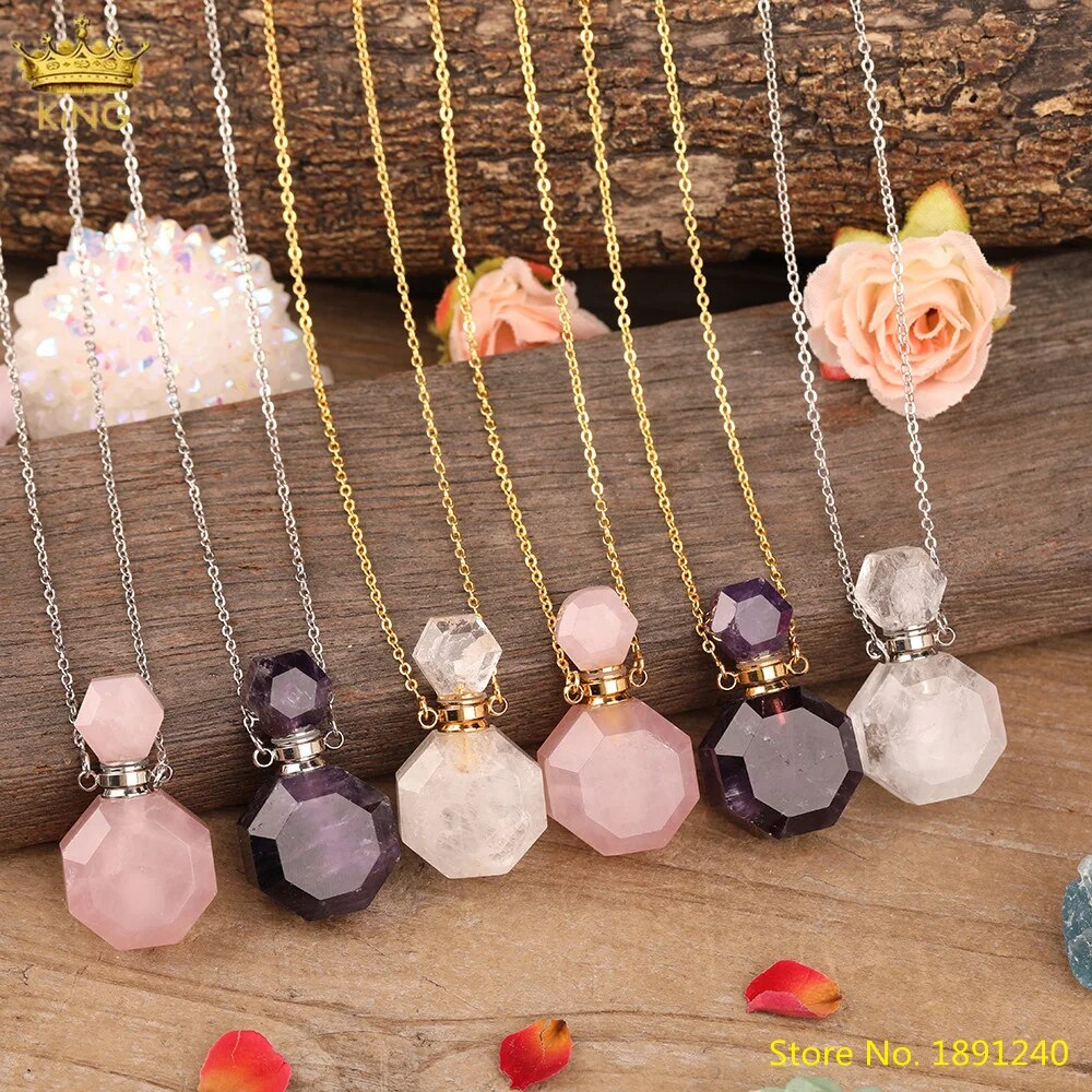 Faceted Natural Amethysts Pink Quartz Perfume Bottle Essential Oil Pendant Women Quartz Stone Vials Gold Chains Necklace Jewelry
