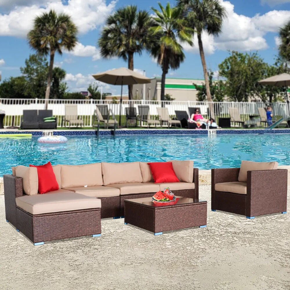 Patio Sofa Furniture 7 Pieces Wood Grain Patio PE Wicker Rattan Corner Sofa Set  Patio Sofa Furniture Outdoor Set