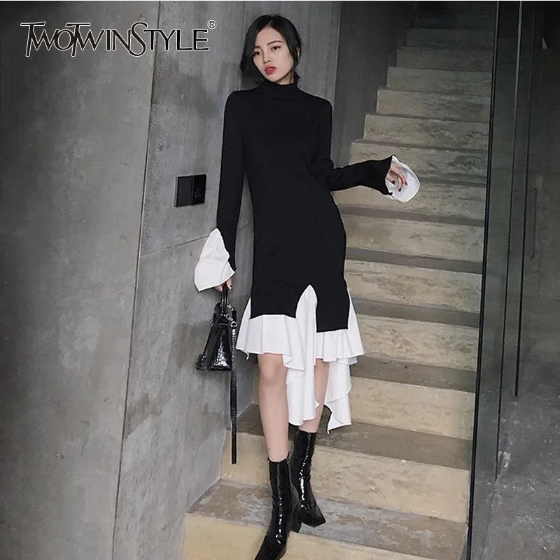 TWOTWINSTYLE Knitting Dress Female Flare Long Sleeve Turtleneck Patchwork Ruffle Hem Irregular Women's Dresses 2022 Spring New