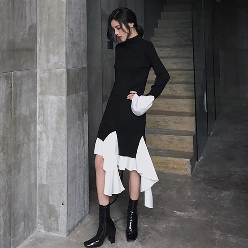 TWOTWINSTYLE Knitting Dress Female Flare Long Sleeve Turtleneck Patchwork Ruffle Hem Irregular Women's Dresses 2022 Spring New