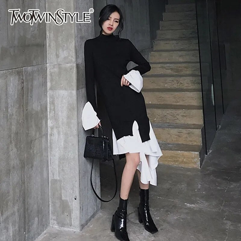 TWOTWINSTYLE Knitting Dress Female Flare Long Sleeve Turtleneck Patchwork Ruffle Hem Irregular Women's Dresses 2022 Spring New