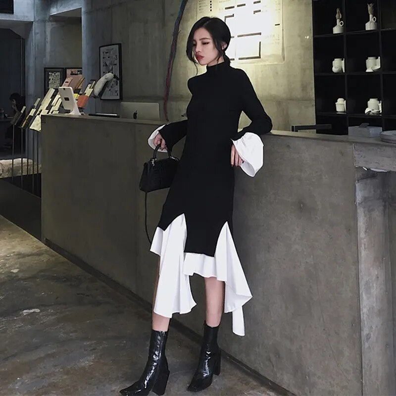 TWOTWINSTYLE Knitting Dress Female Flare Long Sleeve Turtleneck Patchwork Ruffle Hem Irregular Women's Dresses 2022 Spring New