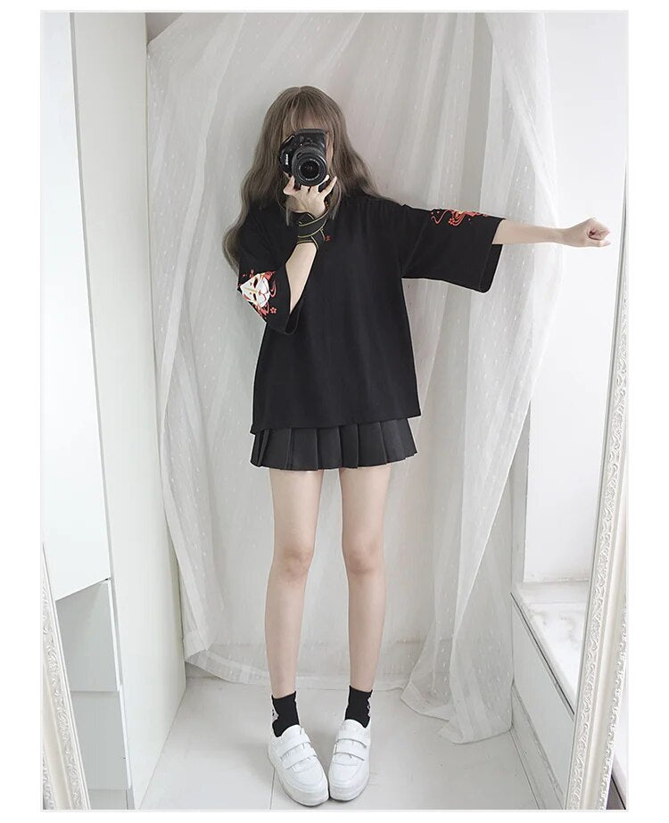 Japanese Harajuku T Shirt Women Vintage Kawaii Anime Cat Girl's Black Tops Lolita Gothic Animal Print Oversized Cute Tee Shirts