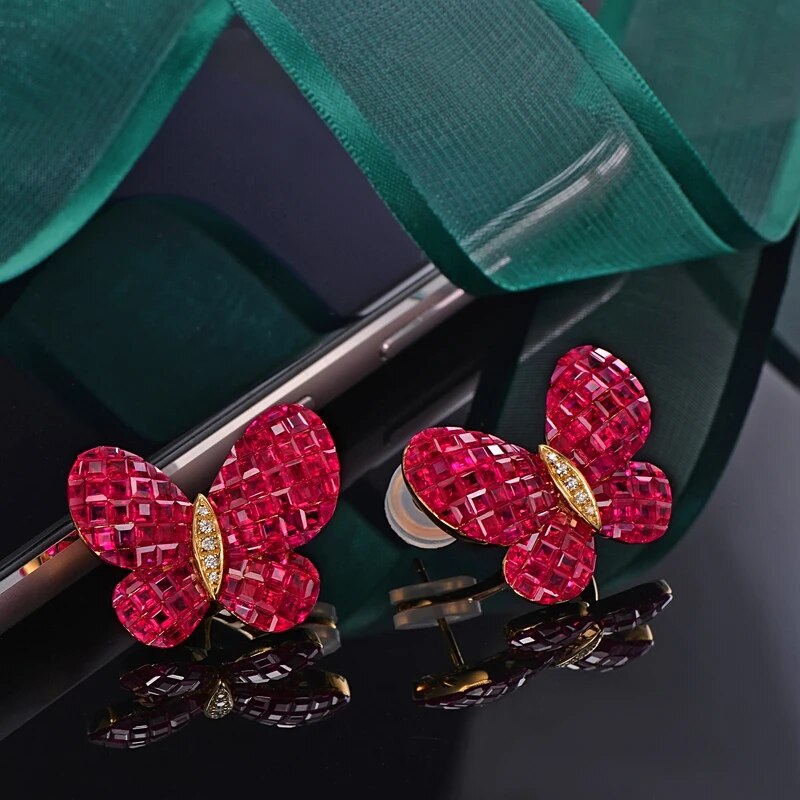 CAIMAO Fine Jewelry Invisible Setting 12.38ct Natural Ruby Diamond 18kt Au750 Yellow Gold Earrings English Lock