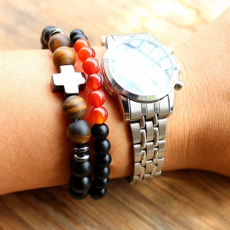 Stone Beads & Hematite Cross Buddha Charm Bead Bracelet Multilayer stretch Bracelets For Men Women Jewelry