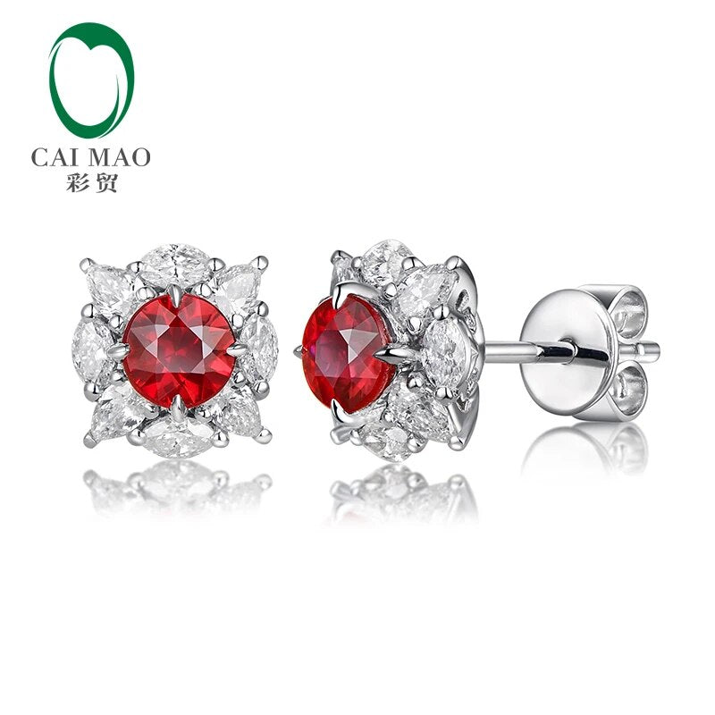 Caimao 0.69ct Natural Round Red Ruby and Diamonds 18kt White Gold Earrings Studs for Womens
