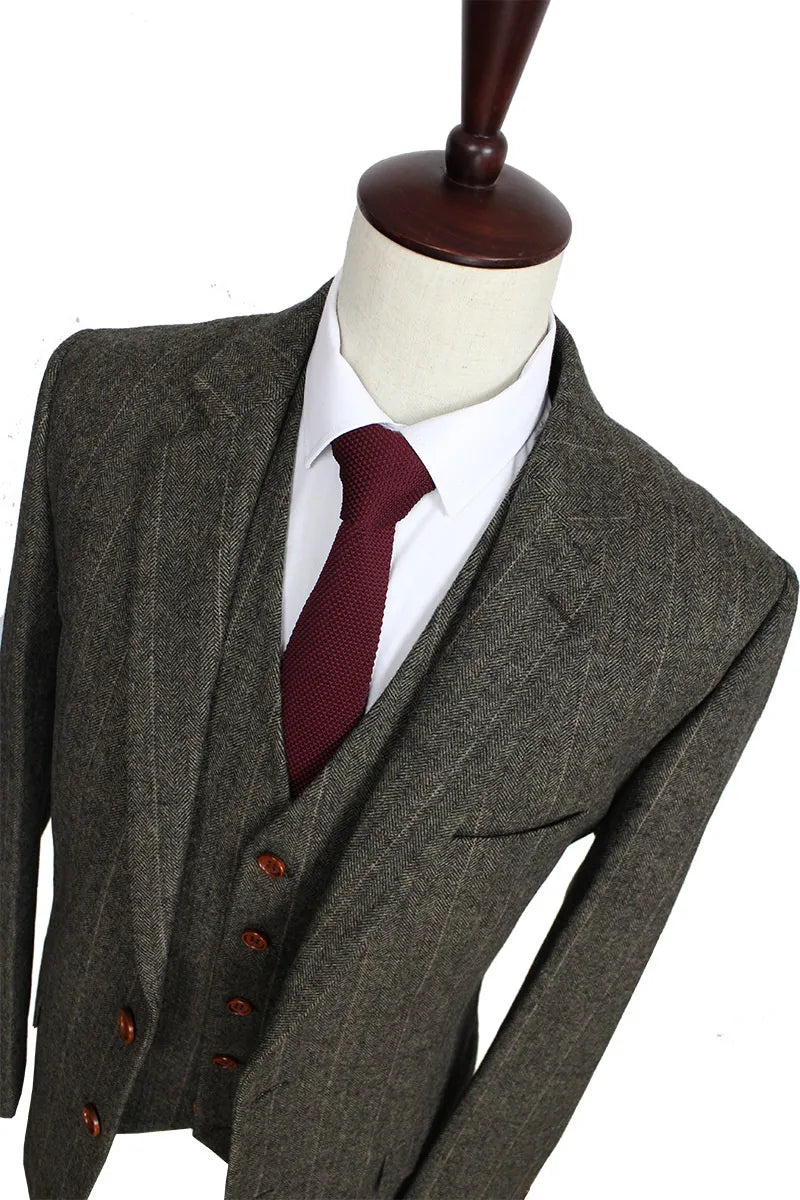 Free Shipping Custom Made Dark green Herringbone Men Suits Slim Fit wedding suit men's Tailor made Suit(Jacket+Pants+Vest)
