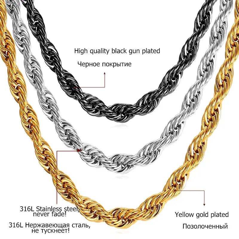 U7 Stainless Steel 9MM Twisted Rope Chain Necklace Set Wholesale Chain Necklace And Bracelet Men Jewelry Sets S840