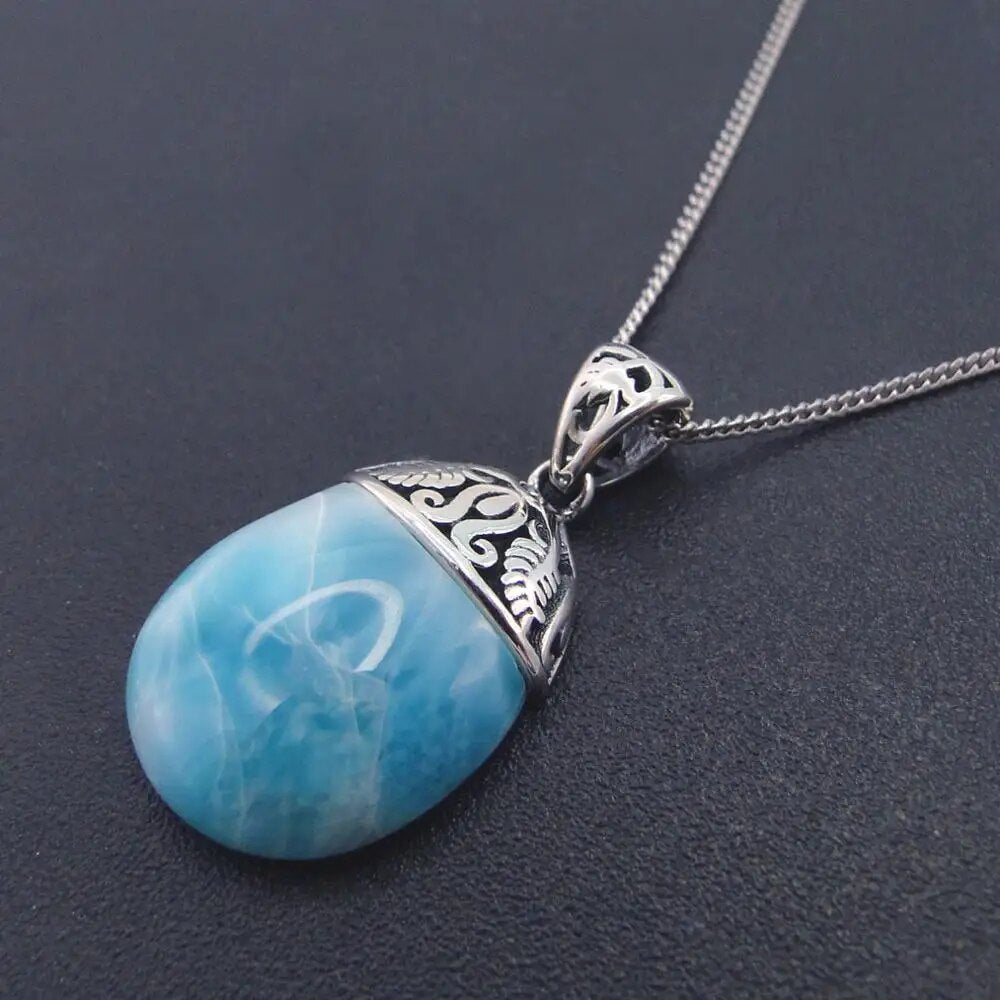 High Quality 100% 925 Sterling Silver Natural Larimar Pendant Necklace for Women Gift