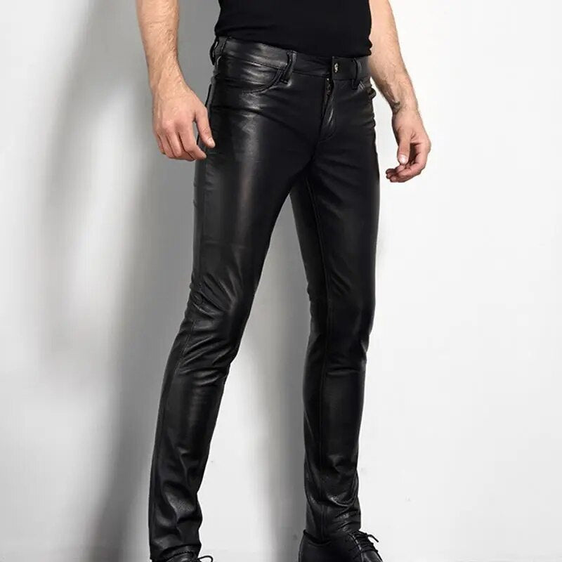 New Fashion Mens Long Pants Genuine Leather Cow Slim Fit Motorcycle Biker Male Trousers Black Plus Size Formal Pants Skinny