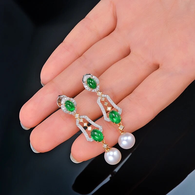 CAIMAO Natural 2.31ctw Cabochon Emeralds and Diamonds 8mm Pearl 18kt Multi-tone Gold Retro English Drop Earrings for Women