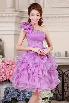 princess womens yellow pink corset evening gowns short tulle ball dresses one shoulder arrival girl fashion pageant dress W2141 - KAISERINC
