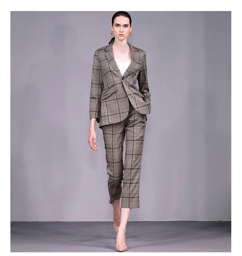 See Orange New Autumn Slim Pants Suit For Women 2018 Brand Show Plaid Blazer Suit Women Office Work SO03331