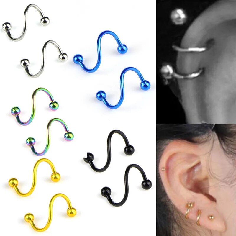 1Pair8mm Spiral Surgical Steel Spiral Twisted Lip Ring Nose Rings 16 Gauge Ear Cartilage Helix Piercing Body Accessories Jewelry