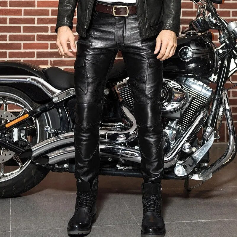 Fashion Mens Leather Pants New Punk Trousers Skinny Genuine Leather Pants Joggers Pants For Men Zipper Straight Pants Plus Size