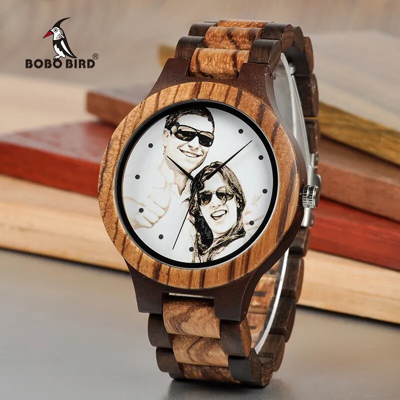 BOBO BIRD Personal Photo Print Customized Logo Wood Watch with Gift Box Relogio Feminino Masculino Unque Creative Cool Stlye