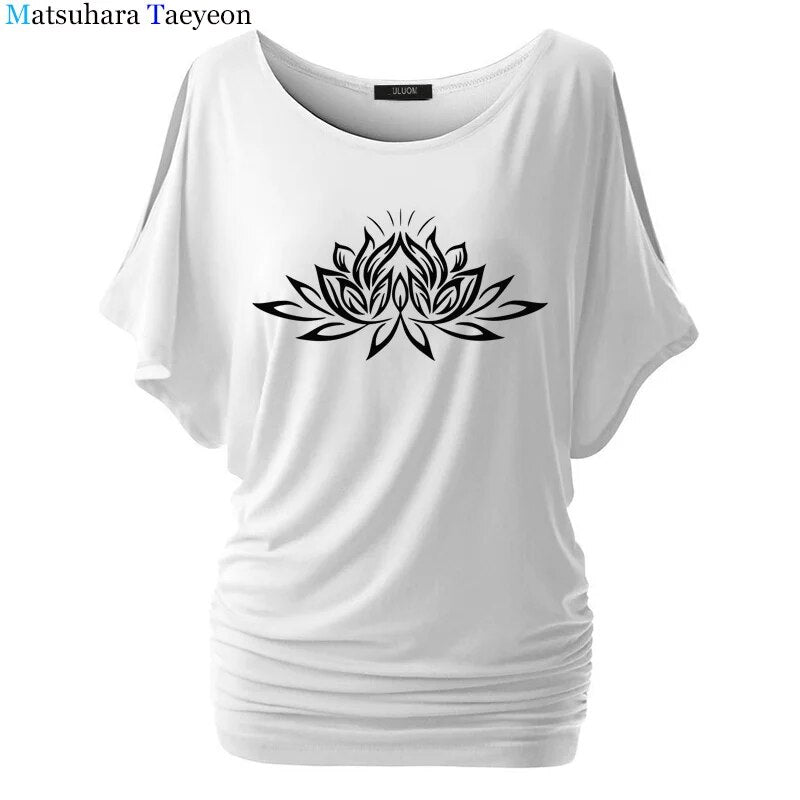 Beautiful Lotus Women Cotton T-Shirts Fashion  Print Summer T Shirt All Match O-Neck Short Sleeve Casual T-Shirts Base Tees