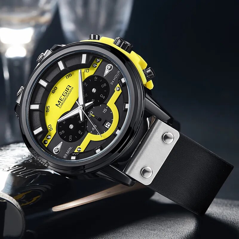 MEGIR New Men's Watches Luxury Top Brand Chronograph Sports Watch Waterproof Leather Quartz Wrist Watch Relogio Masculino 2020