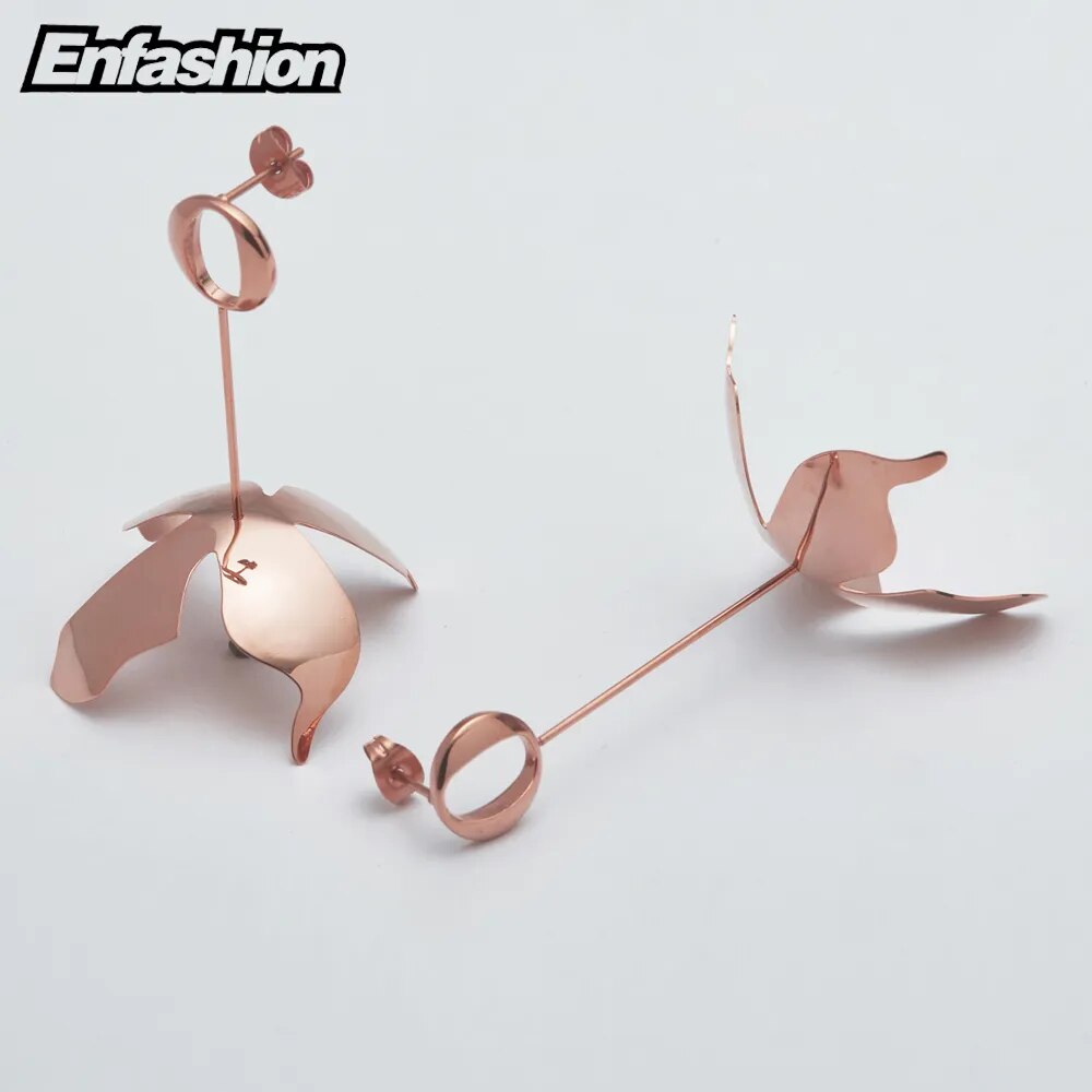 Enfashion Long Large Flower Dangle Earrings Rose Gold color Earings Drop Earrings For Women Long Earring Jewelry brinco