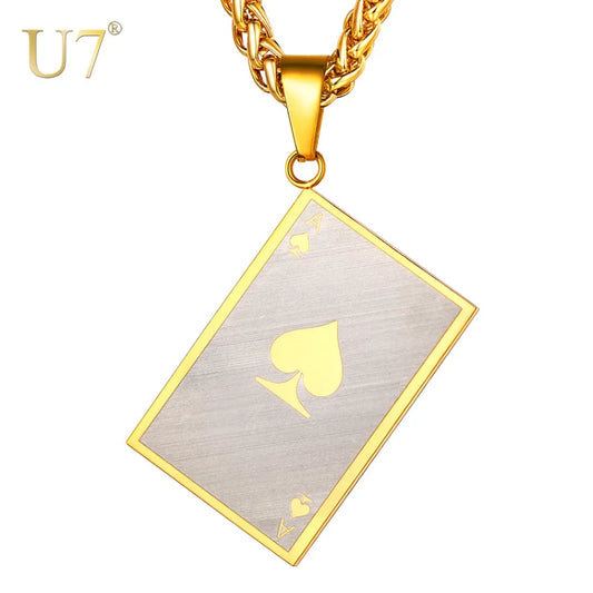 U7 Necklace Matte Poker Spade Ace Stainless Steel Pendant With Chains Gold/Black Color Christmas Gift Jewelry Necklaces P1137