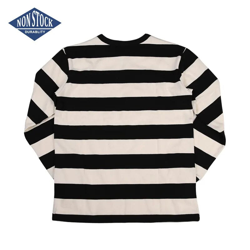 NON STOCK Prison Striped Long Sleeve Tee Shirts Vintage Mens Motorcycle T-Shirt