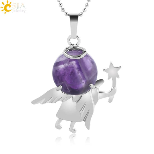 CSJA Cute Angel Pendant Natural Stone Necklace Pink Quartz Purple Crystal Beads Pendants for Women Healing Fashion Jewelry F872