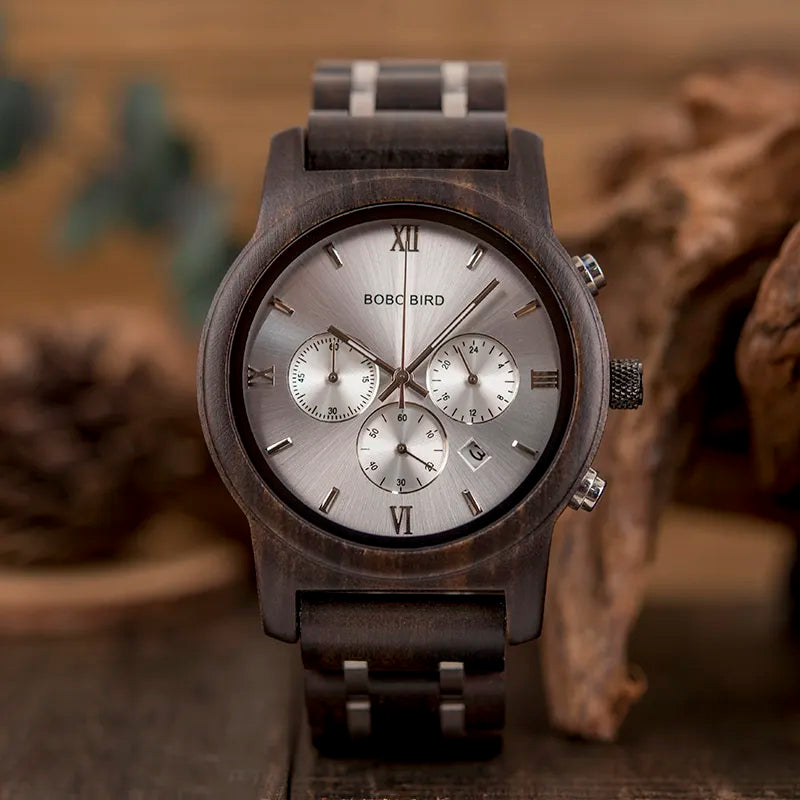 BOBO BIRD Wooden Men Watch Wooden Stainless Steel Date Quartz Chronograph Watches Luxury Men's Gift Timepieces relogio masculino