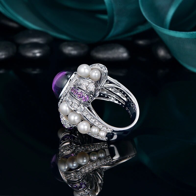 7.25ct Natural Amthyst 1.82ct Natural Diamonds and 0.42ctw Amethyst Pearl 14K White Gold Engagement Ring