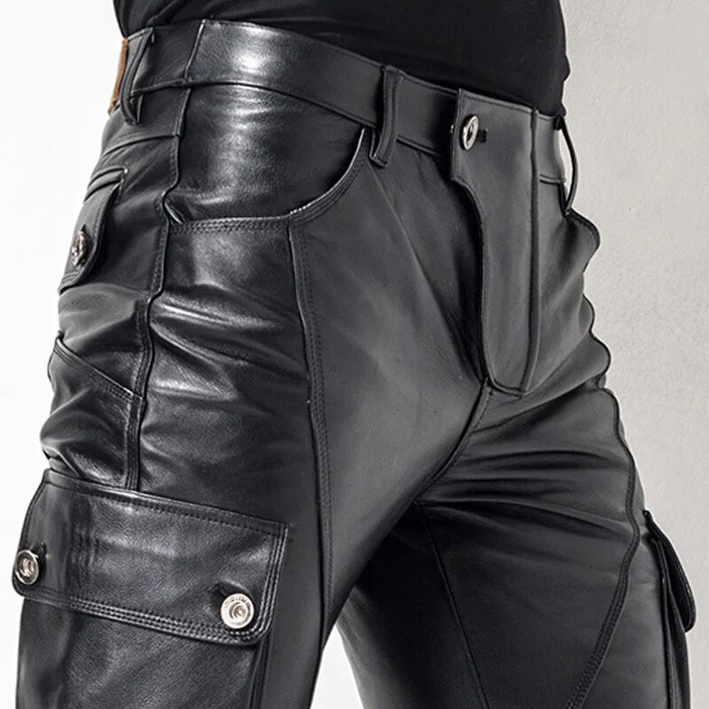 Men's Leather Pant Biker Pants Motorcycle Punk Rock Pants man's classic pocket leather pants leather trousers leatherpants  TJ06