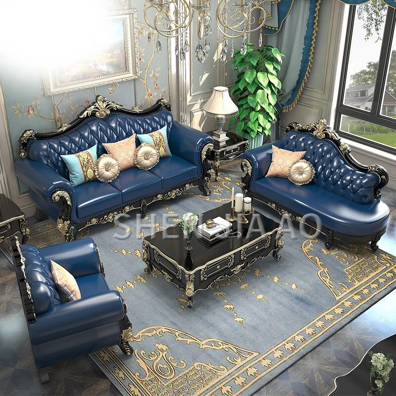 European Leather Sofa Luxury Solid Carved Sofa Living Room Solid Carved Combination Furniture Leather Sofa 1PC