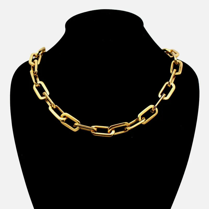 Thick Flat Rounded Rectangle Gold-color Link Chain Necklace Men Women Stainless Steel Fashion Jewelry 1 Piece