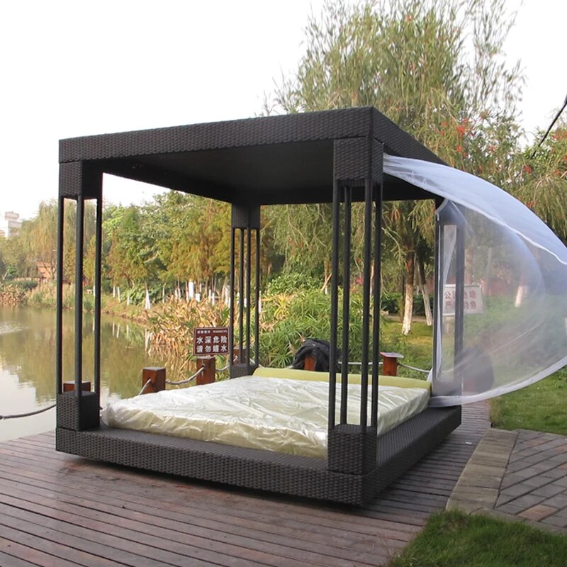 Luxury outdoor sunbed oudoor furniture rattan handmade daybed with canopy sun lounge wicker with curtains cushion custom color