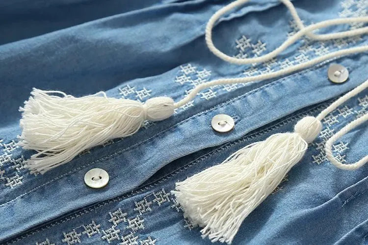 Ethnic Embroidery Denim Dresses Women Wrist Sleeve O-Neck Casual Shirt Dress Spring 2021 Vestido Jeans Feminino