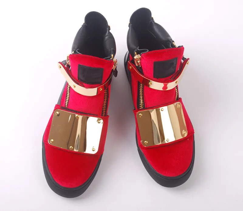 Chentel Noble Suede Leather Men Casual Shoes Party Shoes Men High Quality Flats Metal ZIP Sneakers Red Color Big Size Unisex
