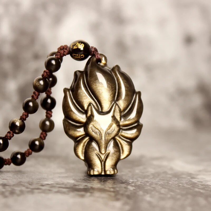 QIANXU Gold Obsidian Pendant Necklace Nine Tail Fox Necklace pendant Fox Ward off Bad Luck With Chain