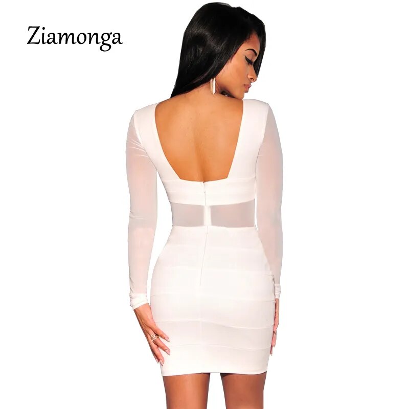 XS-XXL Sexy Bandage Dress New Winter Black White Dress Long Sleeve Mesh Patchwork Hollow Out Pencil Bodycon Dress Female Dresses - KAISERINC