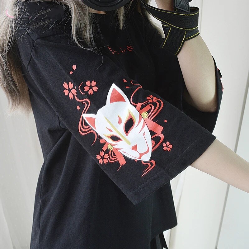 Japanese Harajuku T Shirt Women Vintage Kawaii Anime Cat Girl's Black Tops Lolita Gothic Animal Print Oversized Cute Tee Shirts